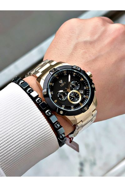 Fiesta Gold Color Function Steel Machinery Guaranteed Men's Wrist Watch + Bracelet