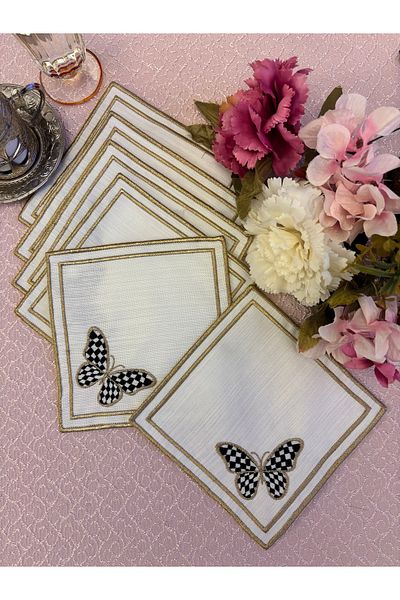 Mustgross 6 Pieces Fabric Presentation Napkins - Coffee Side Embroidered Presentation Napkin, Cocktail Napkin