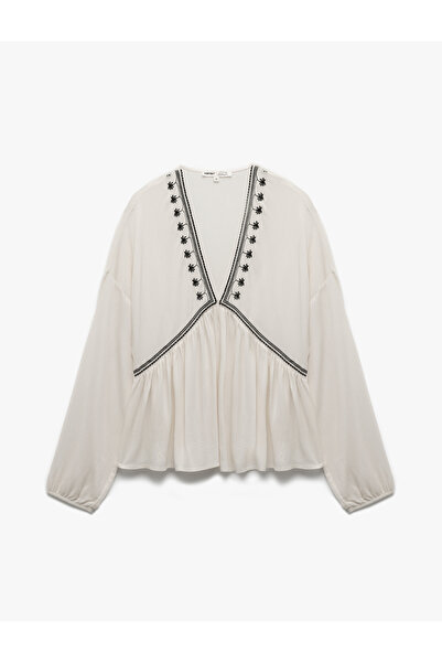 Koton Viscose Fabric Embroidery Detailed Long Sleeve V-Neck Blouse