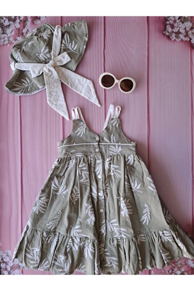 Cumino Gözlük Hediyeli Kız Çocuk Yaprak Desenli Şapkalı Yazlık Elbise Takımı