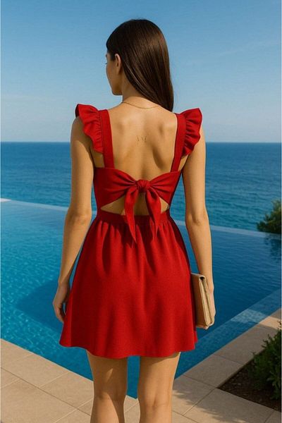 Femella Women Fashion Women's Diver Crepe Fabric Mini Dress with Shoulder Ruffles and Bow Detail on the Back