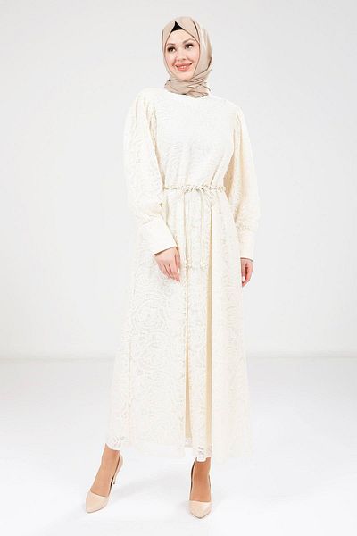 Beyza Lace Detailed Ecru Dress 9260