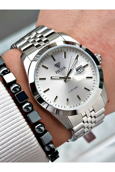 Fiesta Silver Color Classic Steel Guaranteed Elite Men's Wrist Watch + Bracelet