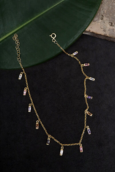 SUNSHINE 925 Ayar Gümüş, Gold Kaplamalı Mix Taşlı Zarif Baget Halhal