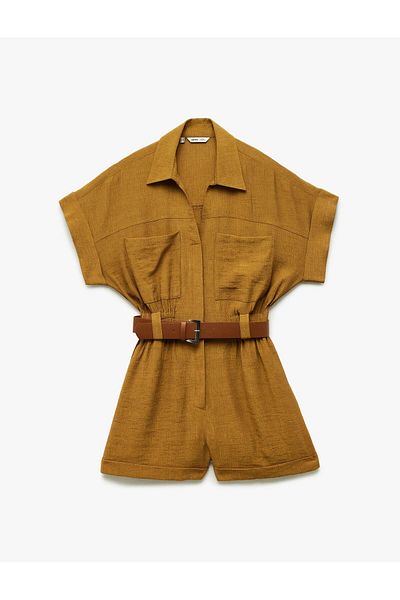 Koton X Sima Tarkan - Viscose Pocket Belted Short Sleeve Shorts Jumpsuit