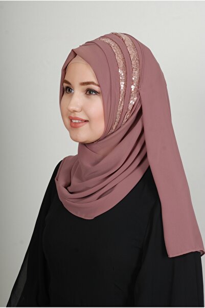 Yasmin S'H'E 2p2p Payetli Modern Hazır Türban Gül Kurusu Renk