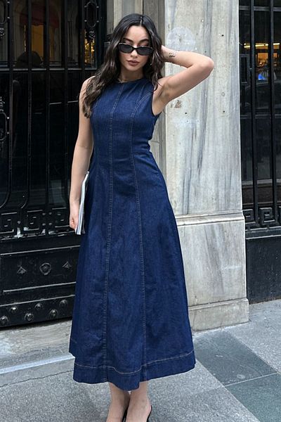 AYASOFYA OTANTIK Rochie de damă, albastru bleumarin, cu decolteu, fără mâneci, din denim premium, lungă, din denim