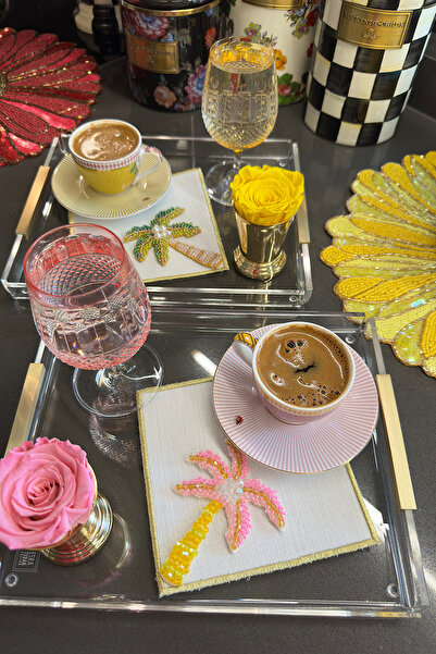 bibashka Palmiye tasarımlı sarı ve pembe renkli 2li kokteyl peçete