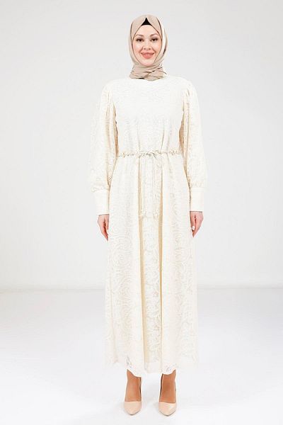 Beyza Lace Detailed Ecru Dress 9260