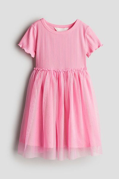 Pink Hippo Kids Ribbed Cotton Tulle Skirt Detailed Lined Girl's Summer Dress
