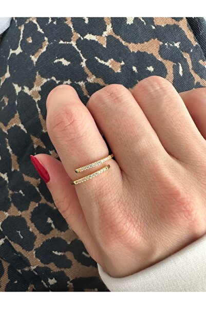 ringbox Gold İki Sıra Duru Taş Detaylı Yüzük