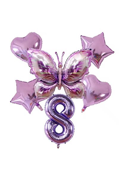 DÜVENCİ TİCARET MOR RENK BÜYÜK BOY KELEBEK FOLYO 6 LI DOĞUM GÜNÜ YAŞ BALON SET