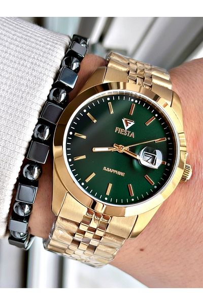 Fiesta Gold Color Classic Steel Guaranteed Elite Men's Wrist Watch + Bracelet