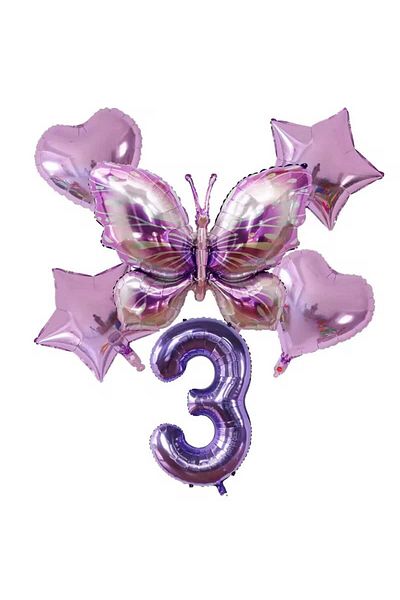 DÜVENCİ TİCARET Purple Color Large Size Butterfly Foil 6 Piece Birthday Age Balloon Set