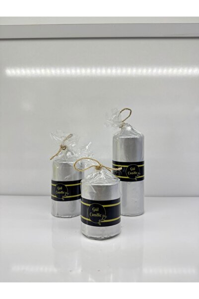Gül Mum 3 LÜ SET GÜMÜŞ YALDIZLI ÇAP 5 CM BOYLAR 7 / 10 / 15 CM