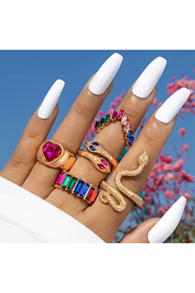 Girift Vintage Bead 5 Piece Colorful Stone Ring Set
