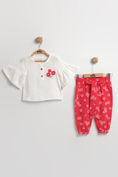 Mini Baray Baby Girl Set with Floral Muslin Pants 100% Cotton (9-12-18 Months) - Stylish and Comfortable Daily Set