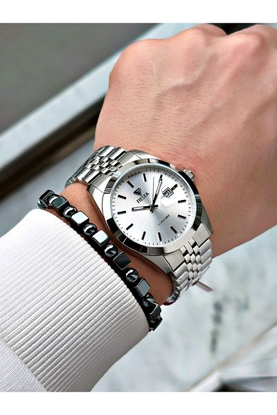 Fiesta Silver Color Classic Steel Guaranteed Elite Men's Wrist Watch + Bracelet