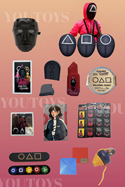 Squid Game You Toys Full Set - Maskeleri- 5 Taş-topaç-şeker-not Defteri-hd Kart -sticker-yapboz