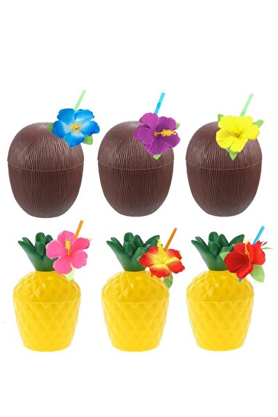 Skygo Pineapple & Coconut Designed Glass Set with Straw (6 Pieces)