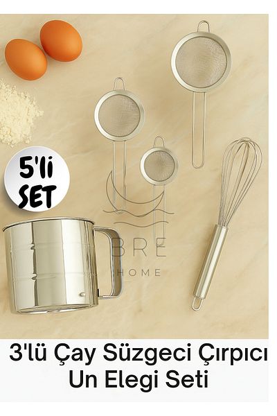 BRE HOME 5-Piece Stainless Steel Kitchen Set 3-Tea Strainer, Flour Sieve and Whisk