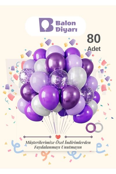BALON DİYARI 80 Adet Lila - Mor - Beyaz - Şeffaf Konfetili, Balon Kaliteli Ba...