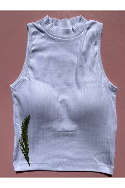 LEYNA BUTİK Women's Ribbed Ribbed Fabric Turtleneck Zero Sleeve Fixed Pad White Crop Tank Top