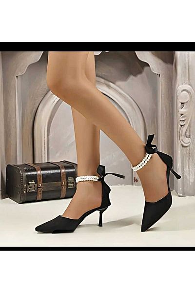 Modavien Women's 7 cm Black Evening Shoes with Pearls