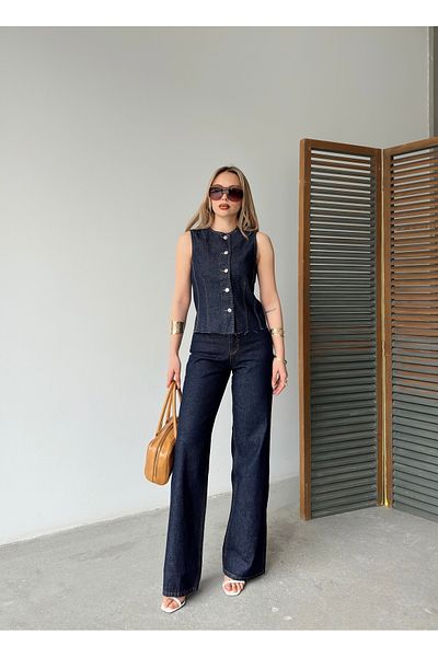 Femistik Women's Dark Navy Vest Palazzo Trousers Skinny Jeans Suit