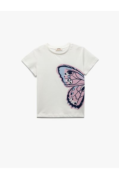 Koton Butterfly Printed Crew Neck Short Sleeve Cotton T-Shirt