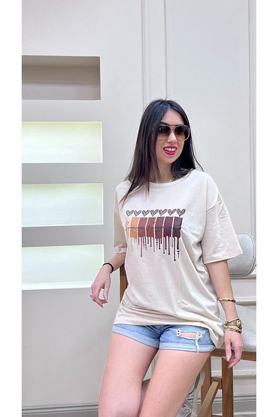 CLAYES Μπλουζάκι Leopard Print Hearts Single Jersey - Μπλουζάκι με κοντό μανίκι με λαιμόκοψη σε μπεζ στάμπα