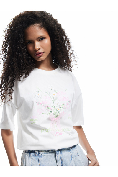 Koton Tricou oversize cu mânecă scurtă, cu decolteu, cu fundă imprimată