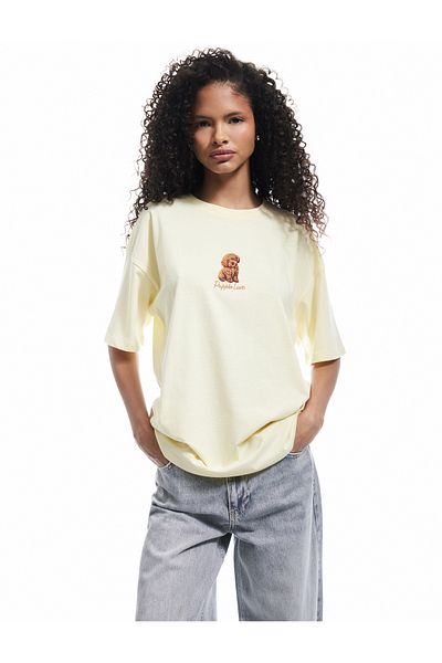 Koton Short Sleeve Crew Neck Dog Embroidered Cotton Oversize T-Shirt