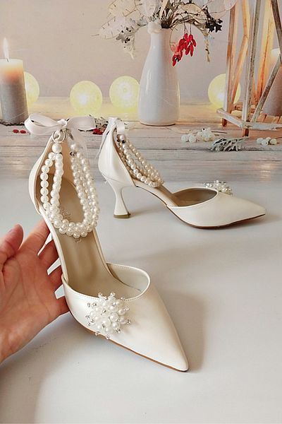 Modavien Women's 7 cm Special Design Pearl Mother of Pearl Bridal Shoes