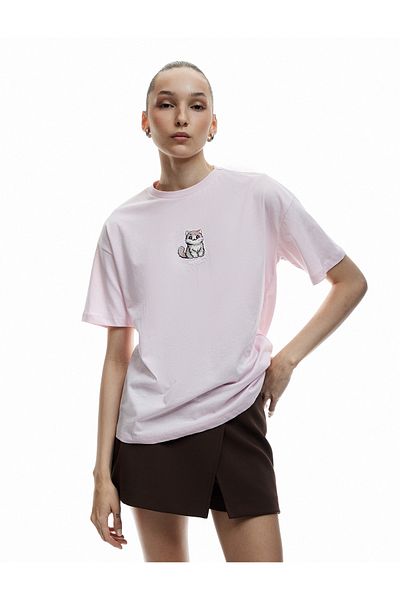 Koton Short Sleeve Crew Neck Cat Embroidered Cotton T-Shirt