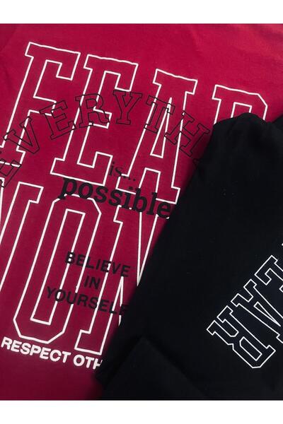 Tarık Boy's 100% Cotton Claret Red Fear None Printed Short Sleeve Pajama Set