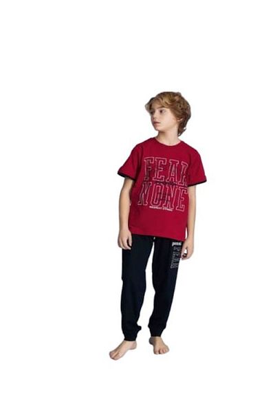 Tarık Set de pijamale cu mânecă scurtă pentru băiat, 100% bumbac, roșu Claret Fear None