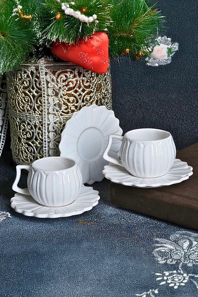Woodcept 2 Personality Handmade Luxury Daisy Ceramic Coffee Cup Set 90 ml 4 Pieces