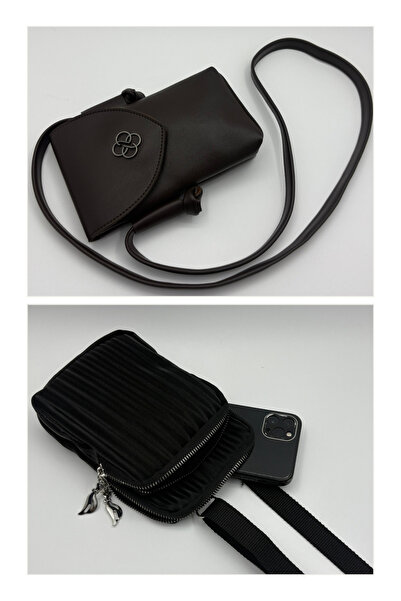 Bersia طقم نسائي مكون من حقيبتين للهاتف وحقيبة هاتف بغطاء أسود - بني