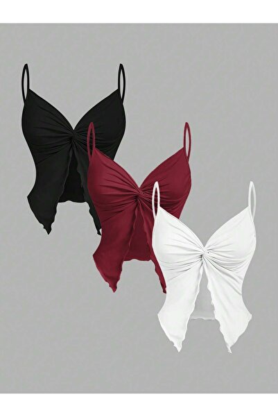 Wild Flower 3 bucăți alb negru roșu claret cu răsucire în față curea subțire ...