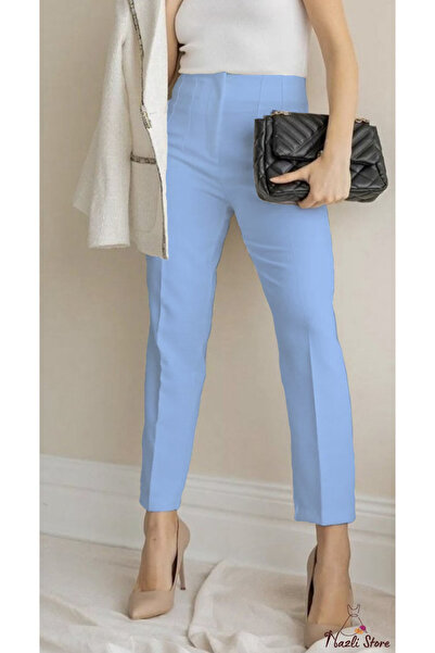 MODA High Waist Stitching Detailed Pencil piped Carrot Slim Leg Blue Fabric Pants