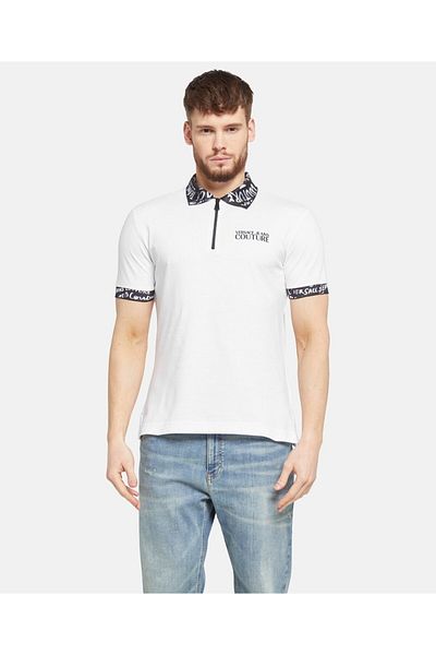 Versace Men's Polo Neck Short Sleeve Zipper Detailed White Polo Neck T-Shirt 78Gagt02Cj01T-003