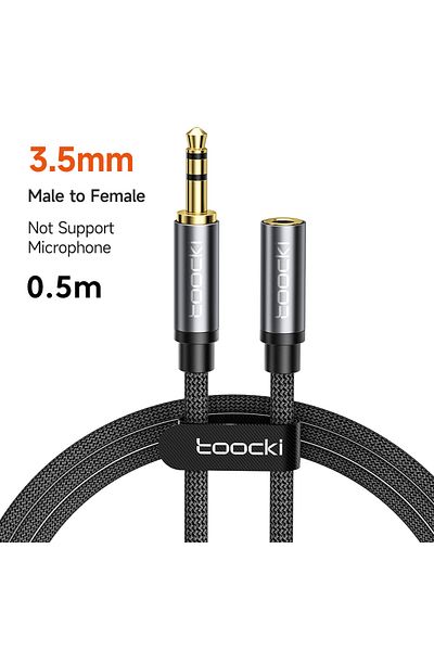 Choice كابل Toocki Aux رمادي اللون مكون من 3 أقسام بطول 0.5 متر، موصل ذكر إلى أنثى بمقبس 3.5 مم، سلك تمديد مكبر صوت ذكر مع