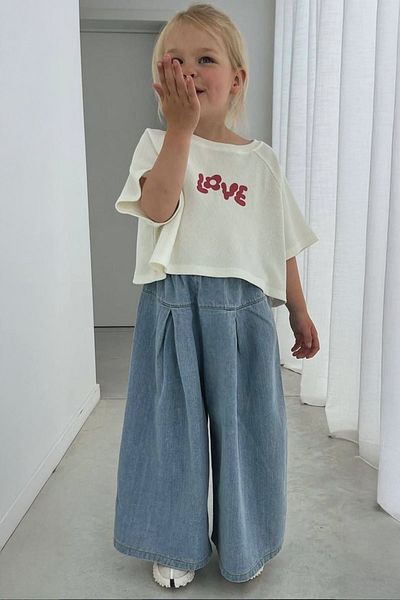 Minigimin Cicileri Set pentru fete cu pantaloni largi și tricou pentru fetiță Cicileri Love Jeans - Albastru deschis