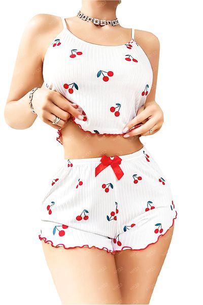 Sofya Passion Women's Pajama Set with Straps, Cherry Patterned Nightgown Shorts Set