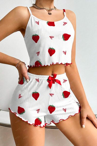 Sofya Passion Women's Shorts Set with Suspenders, Strawberry Print Nightwear Pajama Set