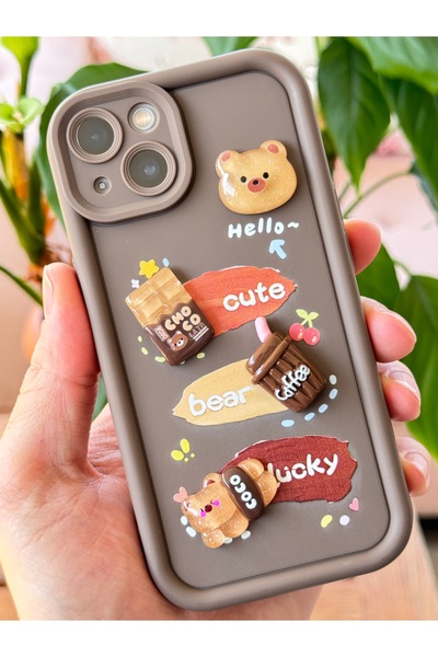 Fibaks Apple iPhone 14 Plus / 15 Plus Case Designed Patterned Camera Protected Teddy Bear Brown Soft Silicone