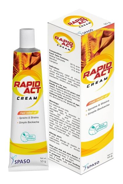 SPACO SPASO Rapid Act Cream - Fast Relief of Sprains & Strains - Simple Backache - Non Greasy - 50 Grams