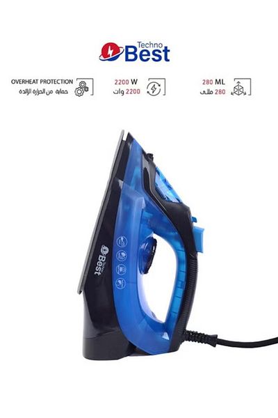Techno Best 1800-2200W Steam Iron, Black/Blue-BSI-002