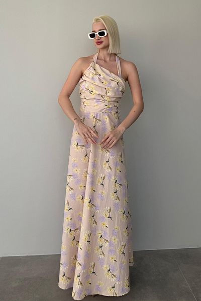 Madmext Rochie lungă florală cu pliuri în față liliac MG2363